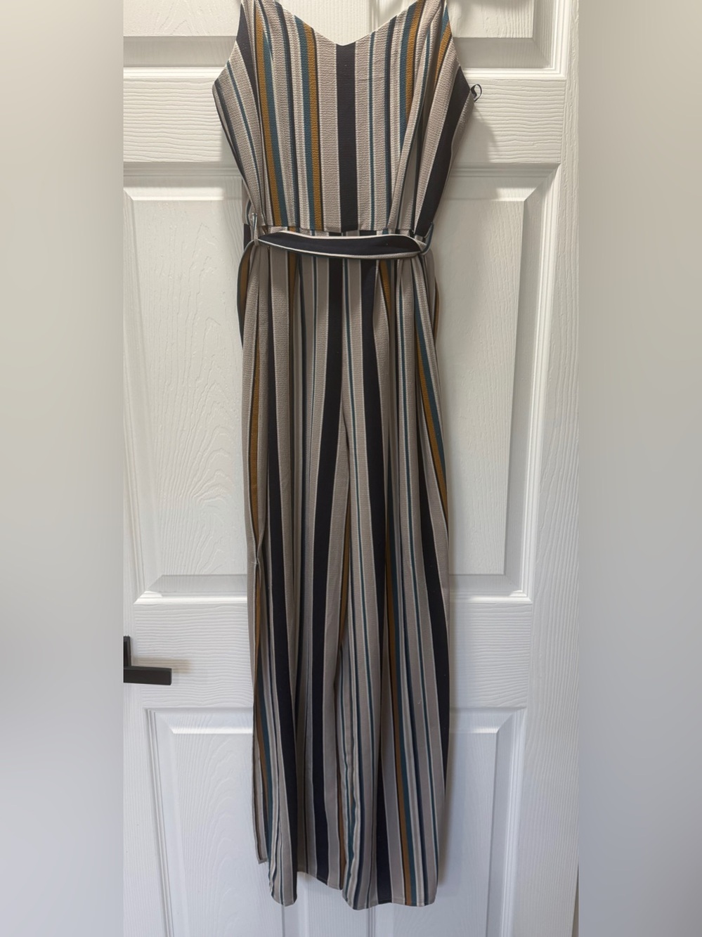 Monteau Vertical Striped Jumpsuit in Navy, Cream, Brown & Mustard
